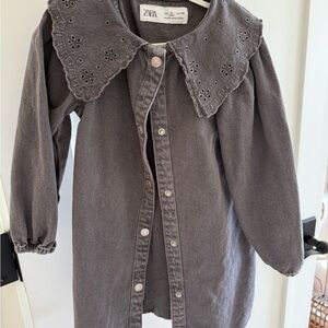 Zara Charcoal Button-Up Dress with Eyelet Collar
